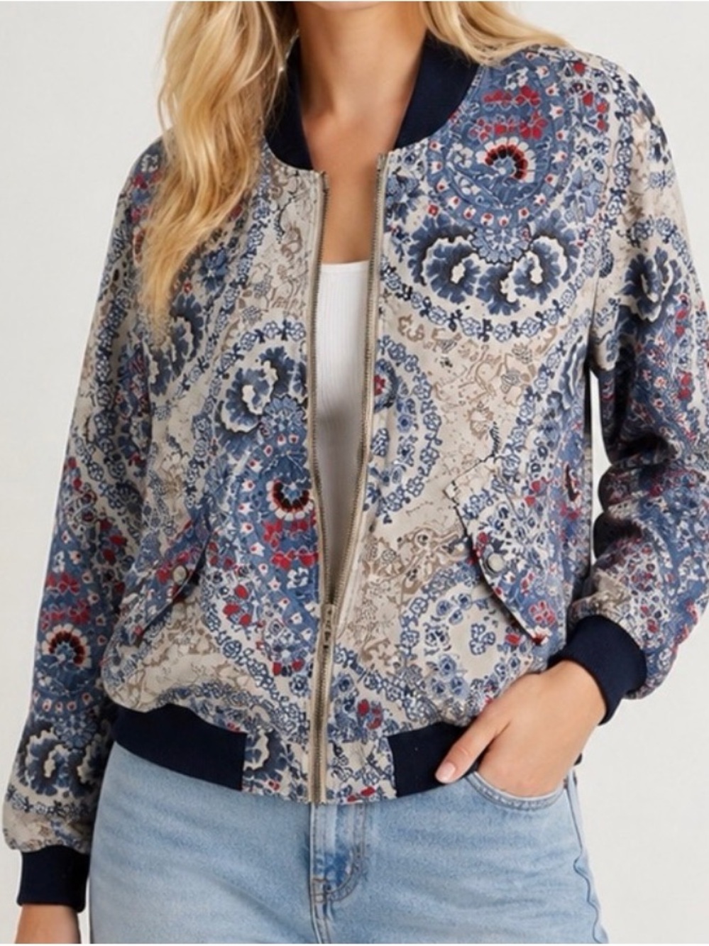 Free People Blue Paisley Bomber Jacket